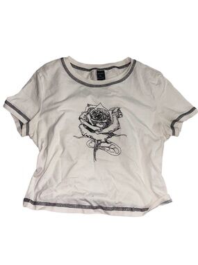 Cream Rose Graphic Crop Tee with Contrast Stitching